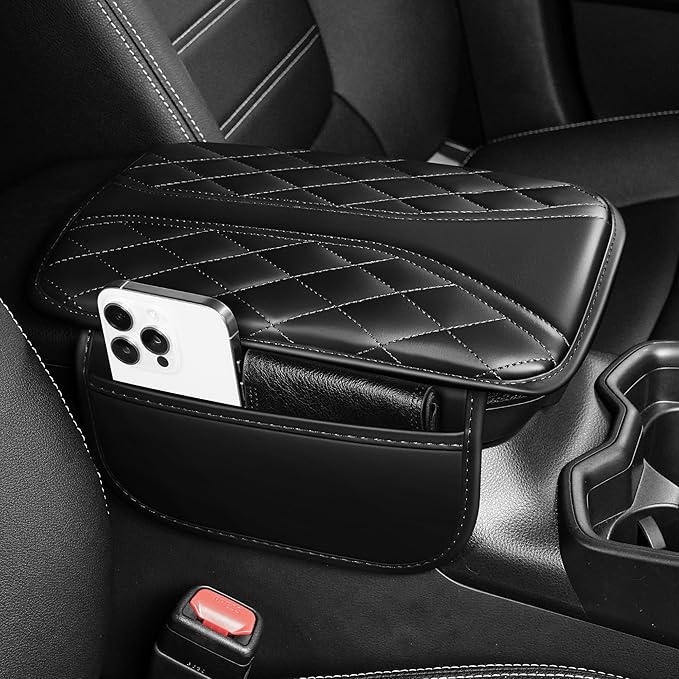 Car Center Console Cover Fit for Jeep Grand Cherokee - Leather Armrest Covers with 2 Storage Pockets(Black)