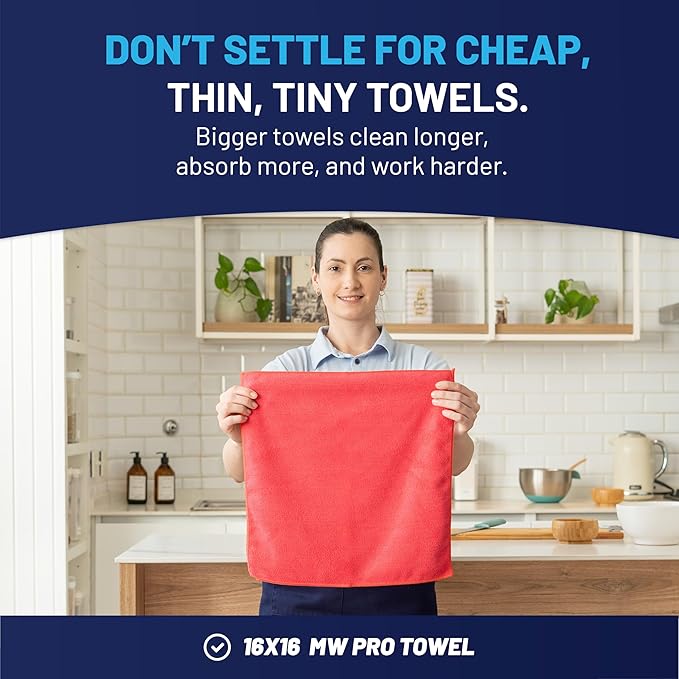 MW Pro Microfiber Cleaning Cloth | Red (12 Pack) | Size 16" x 16" | All Purpose Microfiber Towels - Clean, Dust, Polish, Scrub, Absorbent