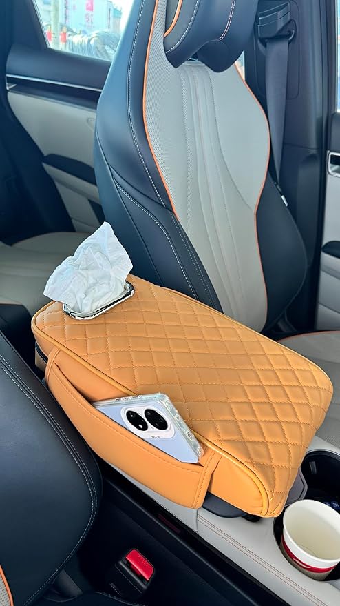 Upgraded Multi-Functional Car Center Console Cover, PU Leather Armrest Pad Cushion with Memory Foam Cushion, 2 Storage Pockets, Tissue Box Hole for Sedan Vehicles, 7 Colors (Yellow)