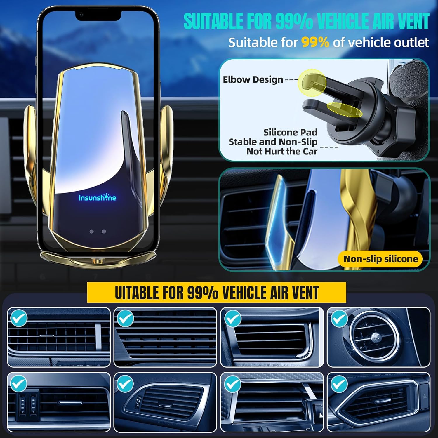 Wireless Car Charger, MAX 15W Fast Charging Auto Clamping, Sensing Phone Holder Mount, fit for iPhone 16 15 14 13 12 Pro Max Xs X, Samsung Galaxy S24 Ultra S23 S22 S21 S20 Note20 (5-Golden)