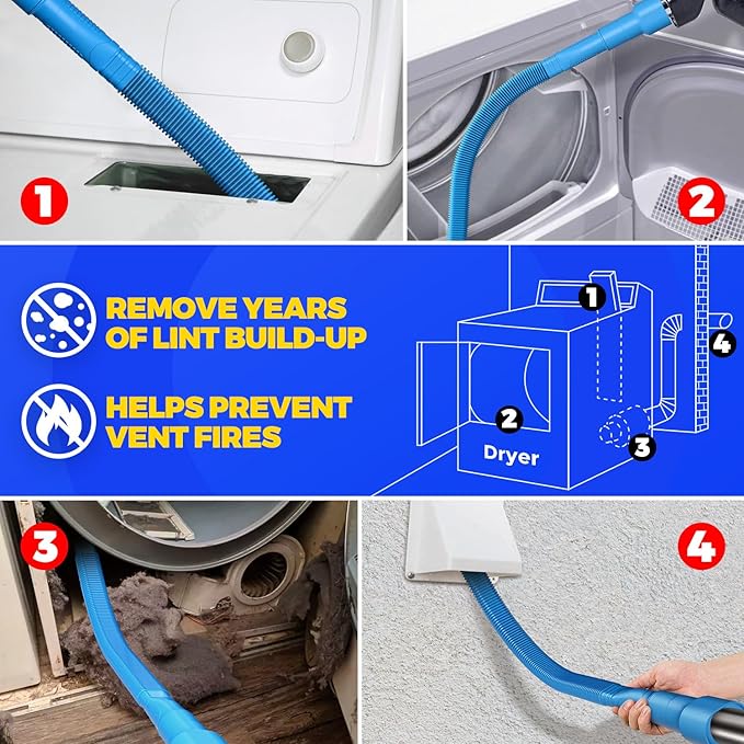 Holikme 58 Pieces 35 Feet Dryer Vent Cleaner Kit, Dryer Cleaning Tools, Include Dryer Vent Brush, Omnidirectional Blue Dryer Lint Vacuum Attachment, Dryer Lint Trap Brush, Vacuum & Dryer Adapters