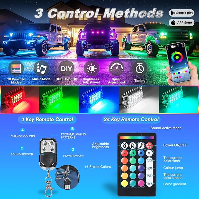 16Pods Full Angle RGB LED Rock Lights Kit for Trucks Pickup Jeep Gladiator Off-Road, 480Chip Waterproof Multicolor Underglow Light with APP/RF Remote, Pre Wired 12V Underbody Accent Light Dual Zone