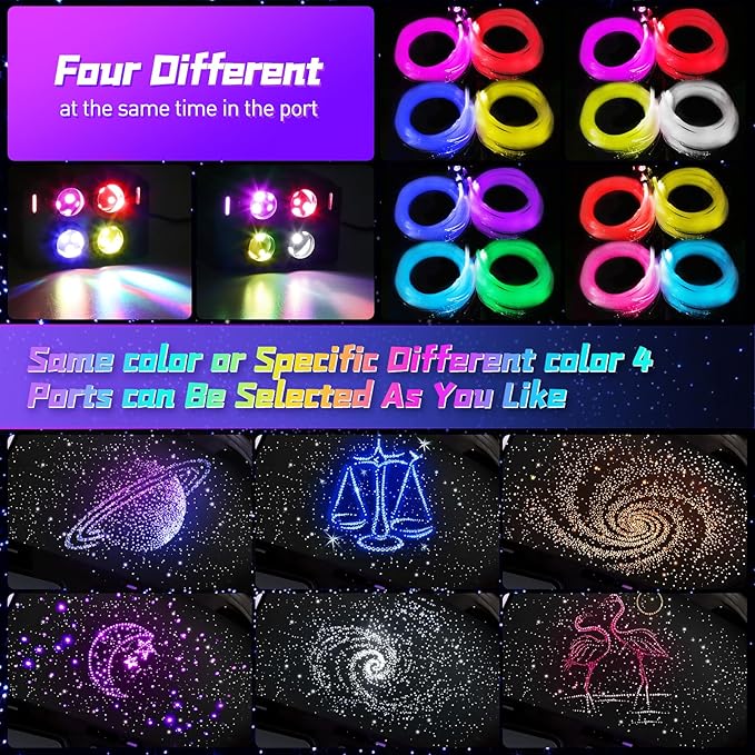 4 Colors 32W Twinkle Car Starlight Headliner Kit 600pcs*0.03in*13.1ft with APP&RF Remote, RGBW Fiber Optic Strands Star Roof Lights,4 Port Engine Sound Activated Ceiling Star Lights for Home/Car Decor