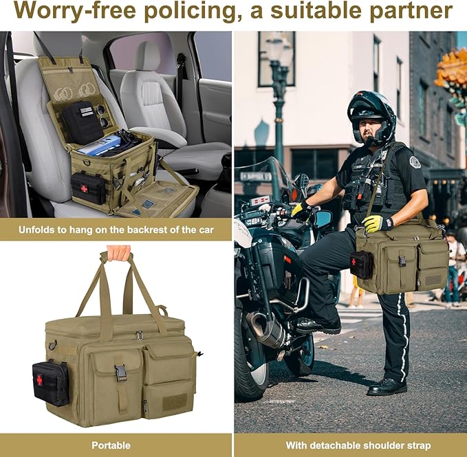 Patrol Bag Law Enforcement Police Gear Bag, Car Front Seat Organizer Tactical Officer Duty Bags, Police Car Accessories for Passenger Seat, Multiple Compartment Removable Shoulder Strap, khaki