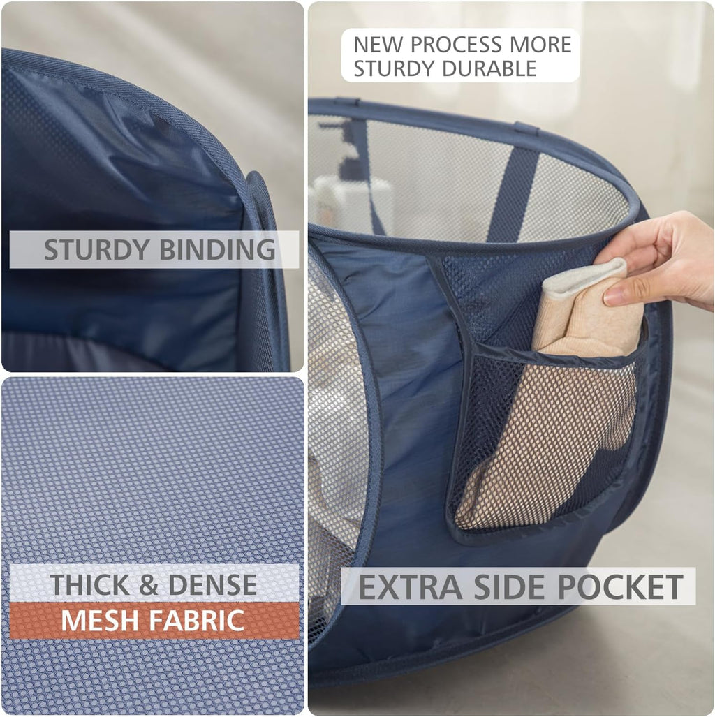 HONOMA Sturdy Mesh Laundry Hamper Basket Bag,Pop up Basket with Side Pocket for Laundry Room, Bathroom, Kids Room, College Dorm or Travel (Pop Horizontal, Black)