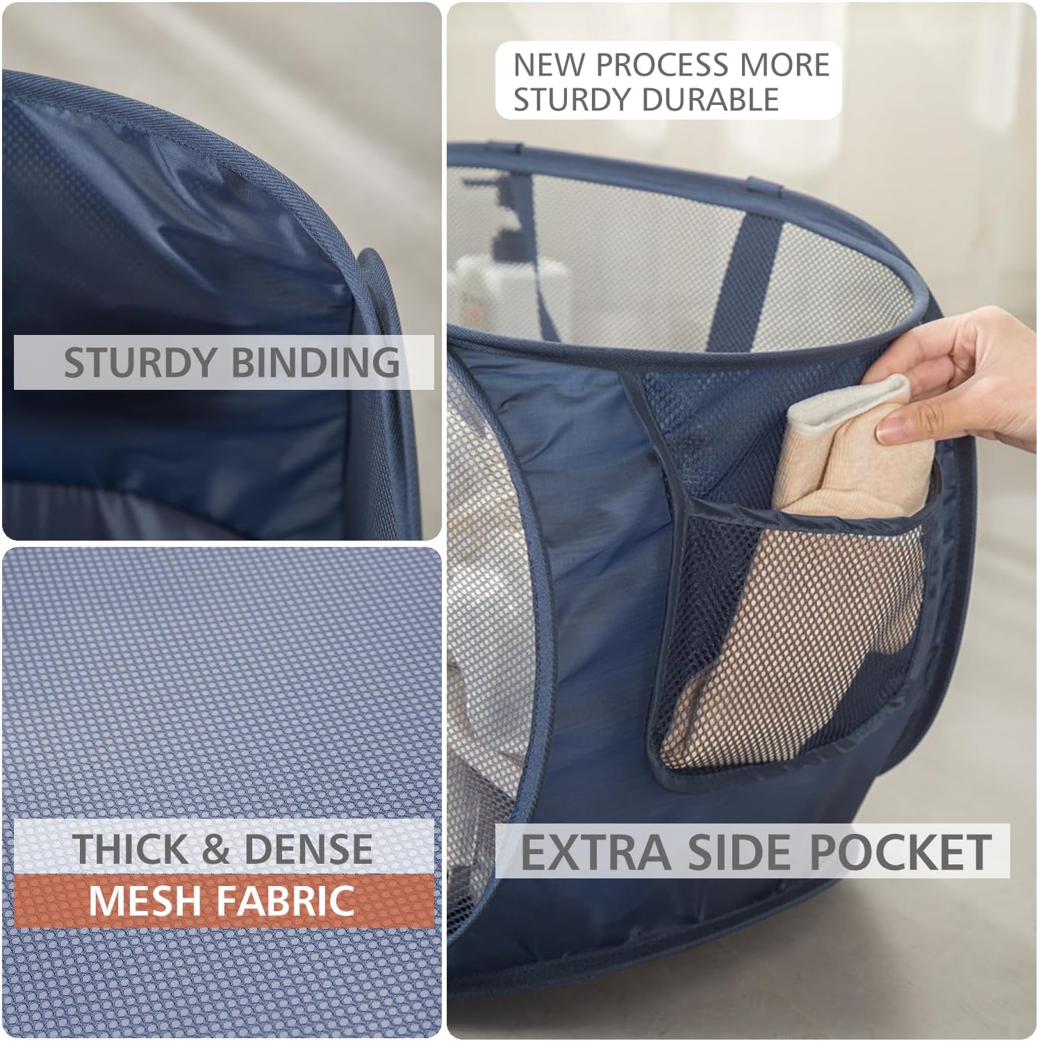 HONOMA Sturdy Mesh Laundry Hamper Basket Bag,Pop up Basket with Side Pocket for Laundry Room, Bathroom, Kids Room, College Dorm or Travel (Pop Horizontal, Black)