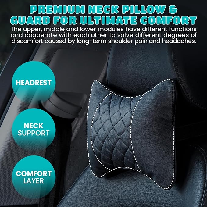 Set of 2 Quilted Faux Leather Car Headrest Pillow, Gray Case/Gray Threading, Ergonomic Neck Support for Comfortable Driving