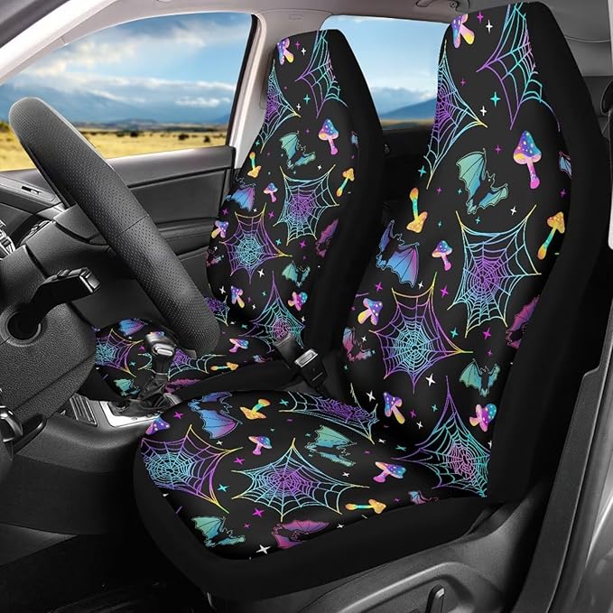 Bat Spiderweb Mushroom Car Front Seat Covers Full Set of 2,Universal Bucket Seats Protector,Fit for Most Vehicles