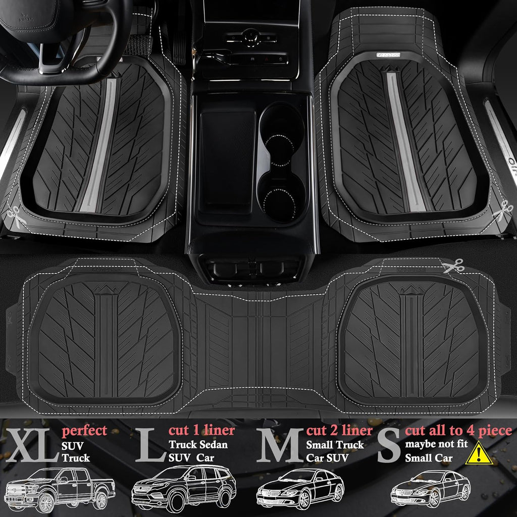 CAR PASS Tire Tread DeepDish Rubber Floor Mats for car Heavy Duty car mats All Weather, Universal XL~M Trim to Fit for Truck SUV Vehicle Automotive, Waterproof car mats 3 Piece(Gray Black)