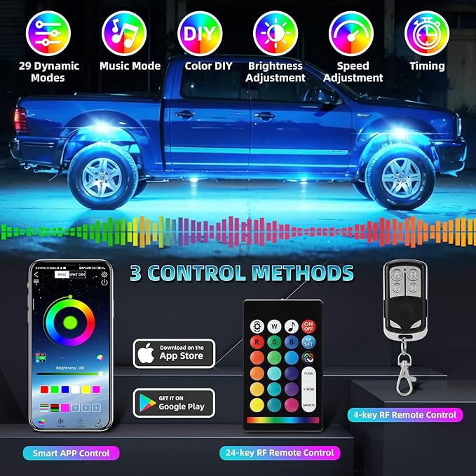 6 Pods Segmented RGB LED Rock Lights for ATV UTV RZR SXS Golf Cart Truck Off-Road Pickup, Waterproof Multicolor Neon Underglow Kit with APP/RF Remote Multi Zone Control Sync Music Red Brake Light 12V