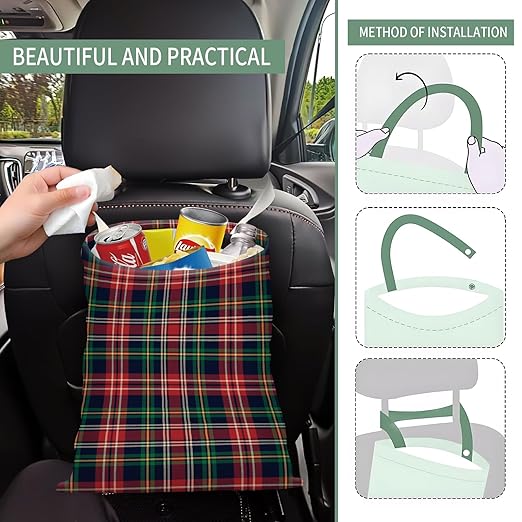 Cute Car Trash Can, Hanging Canvas Car Back Seat Organizer and Storage Bag, Funny Car Trash Bag For Travelling, Outdoor Cute Red Green Plaid