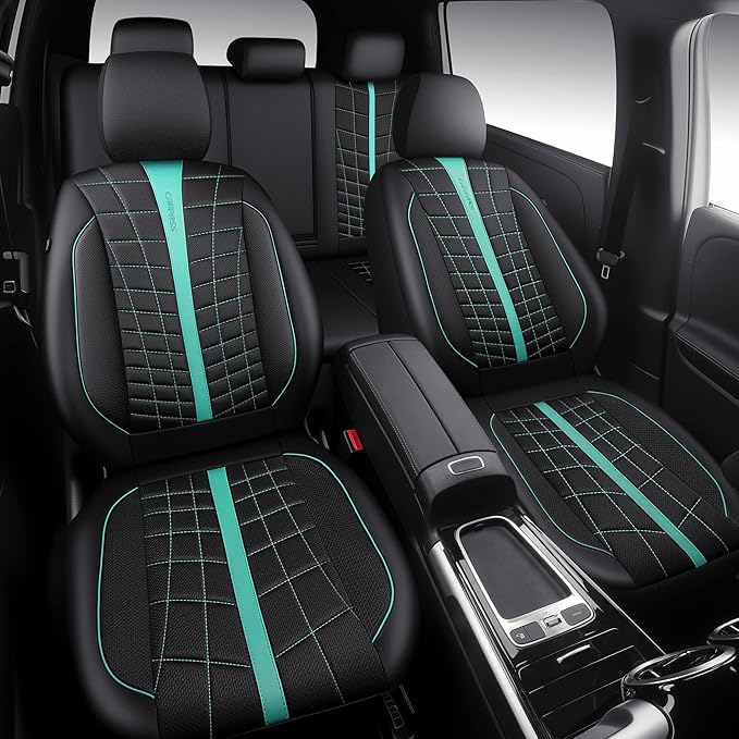 CAR PASS 3D Foam Mesh Leather Car Seat Covers Full Set, Breathable Premium Leather Seat Covers for Car,Anti Slip Universal Fit for Trucks Cars Sedans Vans SUVs, Airbag Compatible, Black Mint