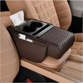 Zpana Car Center Console Armrest Pillow, Memory Foam Leather 4 in 1 Vehicle Arm Rest Cover with Tissue Box 2 Side Storage Bag Cup & Phone Holder, Auto Armrest Cushion, Universal Fit (Brown)