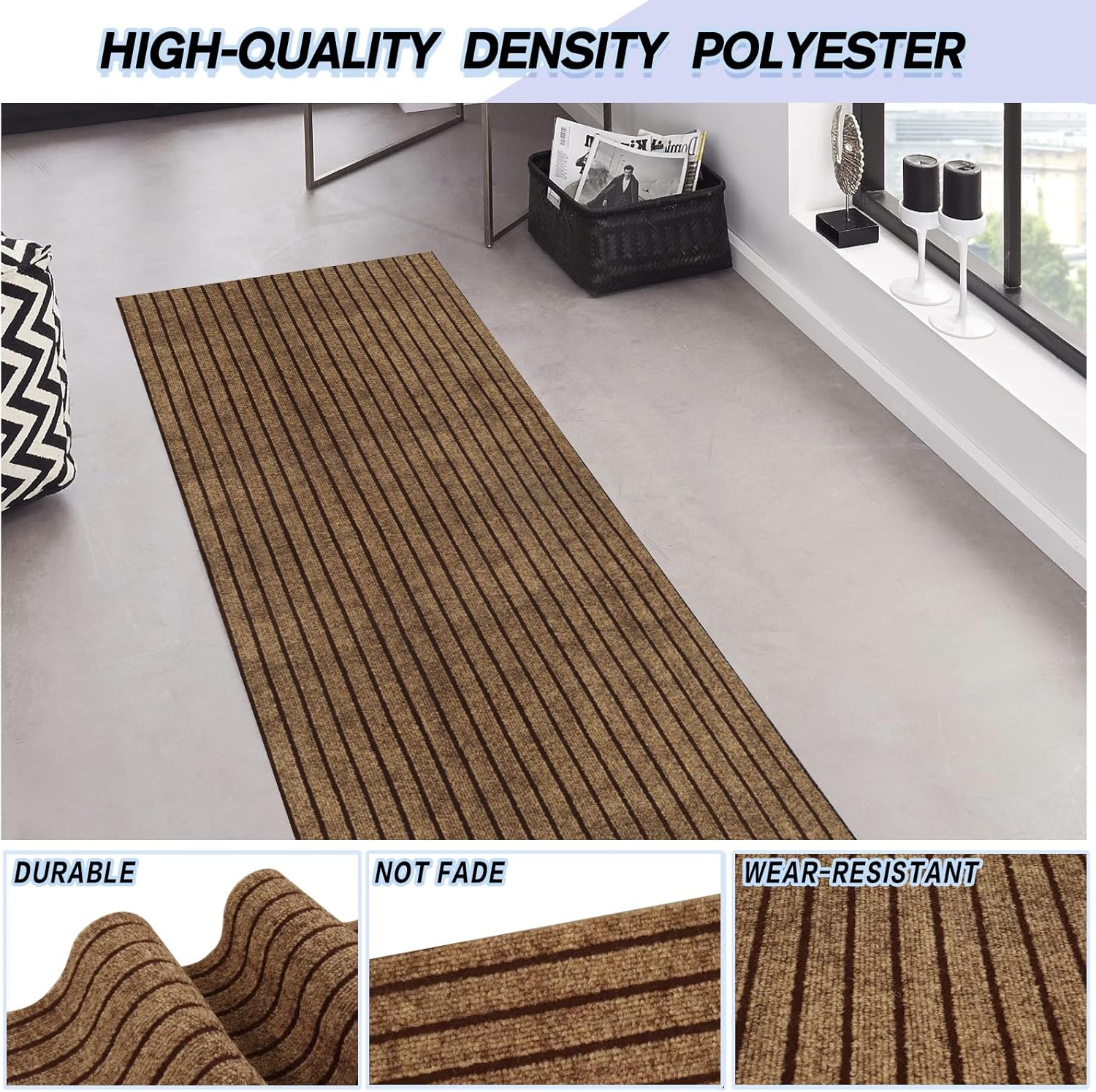 Custom Size Backed Non-Slip Area Rugs Runner, Easy Clean, Waterproof Runner Rugs for Hallway Entryway, Kitchen, Laundry, 3FT x 82FT, Brown Stripe
