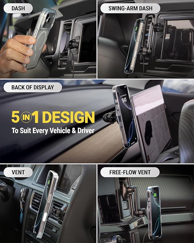 Scosche Qi2 MagSafe Car Mount Charger 25W Fast Wireless Phone Holder with 5-in-1 Mounting Options for Vent, Dashboard, Swing Arm, Back-of-Display, Compatible with iPhone 17/16/15/14/13 & Samsung S25