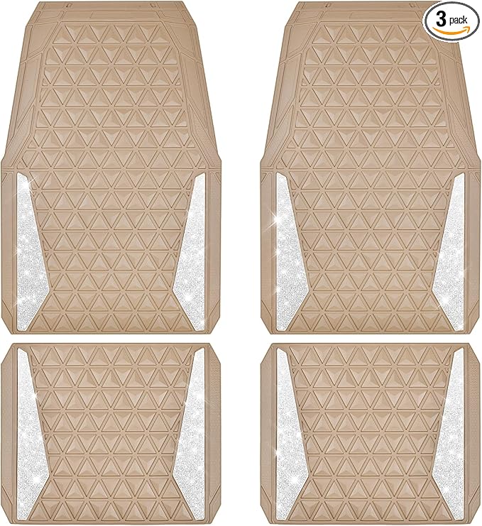CAR PASS Bling Diamond Car Mats Rubber Floor Mats Full Set Anti-Slip 3D Rhombus Waterproof Trim to Fit Liner Universal Glitter Crystal Sparkly Shining Rhinestone Girl Women SUV Sedan Van, Beige Rubber