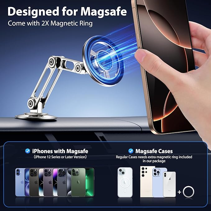Ultra Magnetic Long-Arm Phone Holder Stand, Fits for MagSafe Car Mount Bracket【Windshield+Vent+Dash】, 360° Rotation Adjustable Strong Magnet Car Mount Desk Office Phone Cradle Holder, Silver
