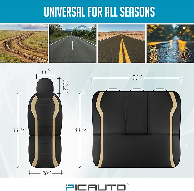 PIC AUTO Leather Car Seat Covers, Premium Automotive Waterproof Front & Rear Full Set Bucket Car Seat Protectors, Black and Beige PVC Patchwork, Fits for Cars, Trucks, Van, SUV, Airbag Compatible