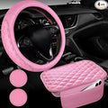 CAR PASS 3D Rhombus Leather Steering Wheel Cover Car Accessories Set, Comfortable Center Console Armrest Cushion with Storage Bags 2 Non-Slip Cup Coasters, 14.5-15in Cute Car Interior Sets, 4 PCS Pink