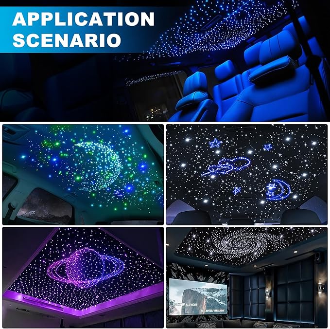 4 Colors 32W Twinkle Car Starlight Headliner Kit 860pcs*0.03in*13.1ft with APP&RF Remote, RGBW Fiber Optic Strands Star Roof Lights,4 Port Engine Sound Activated Ceiling Star Lights for Home/Car Decor