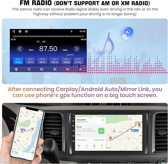 Car Radio Stereo for Toyota Sienna 2011-2014 Without JBL Sound System, Support Wireless Carplay/Android Auto/Mirrorlink, 9 Inch QLED Touchscreen with Bluetooth,FM Radio,DSP