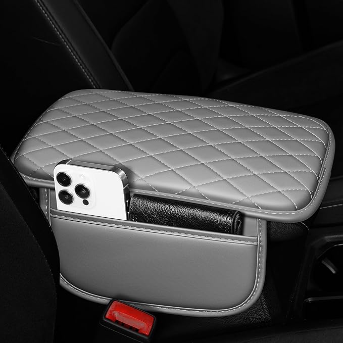 Center Console Cover for Cars Fit for Jeep Gladiator Leather Armrest Covers with 2 Storage Bags(Grey)