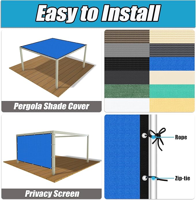 Amagenix 90% Pergola Shade Cover 12' X 20' Sun Shade Cloth with Grommets for Outdoor Garden Patio Porch, Commercial Grade 200 GSM - Cable Zip Ties Included (We Customized) GN108, Blue