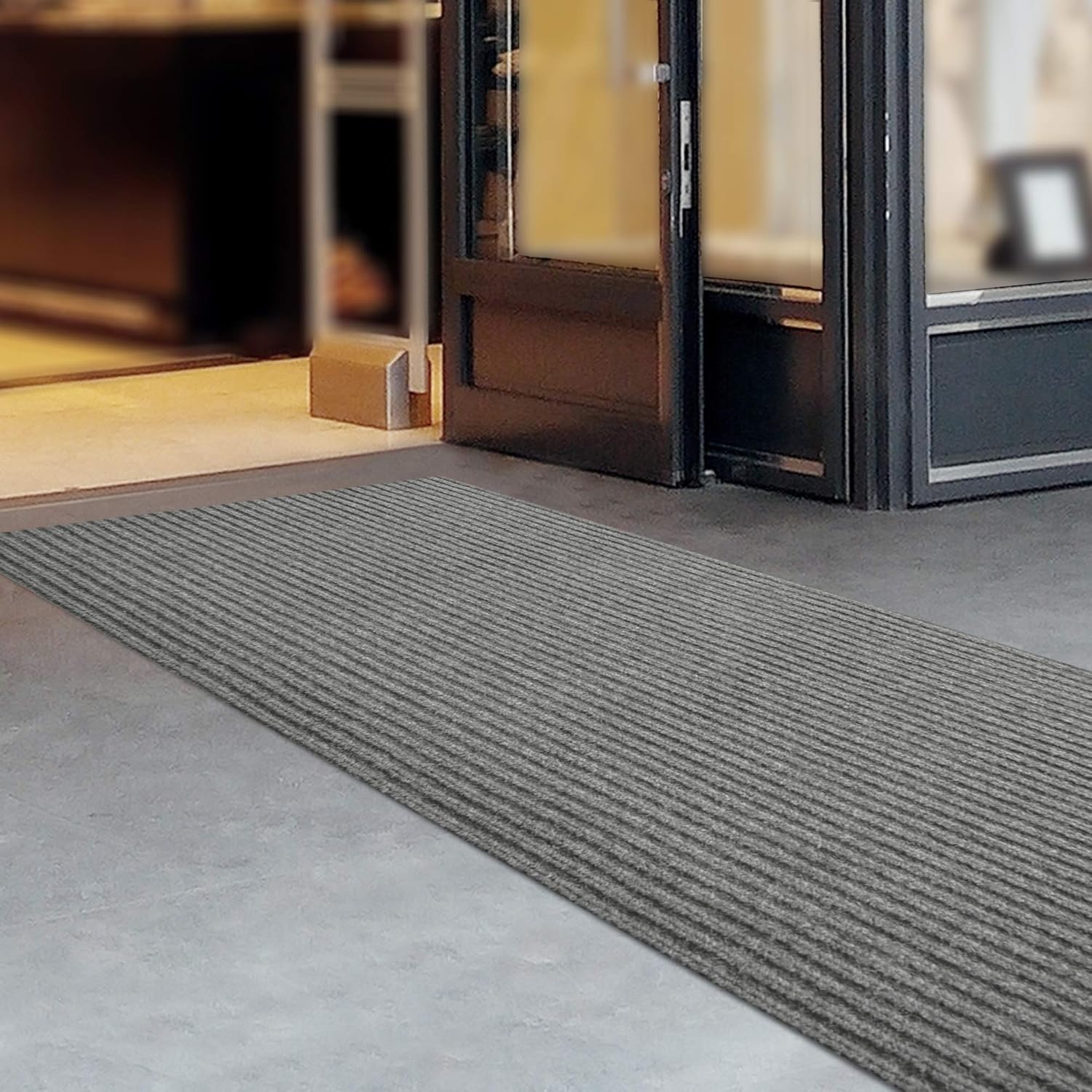 iCustomRug Spartan Weather Warrior Indoor/Outdoor Utility Ribbed Carpet Runner with Non-Slip Thermoplastic Rubber Backing, 3ft X 26ft in Grey