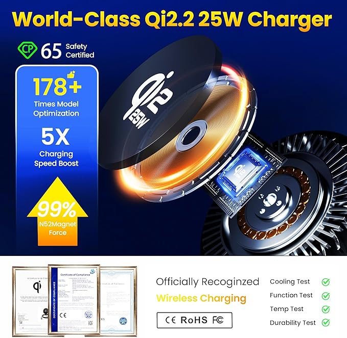 Upgrade [for Qi2.2-Certified] 25W for MagSafe Wireless Car Charger Mount, 2XFast Charging[90+LBS Safe Suction] Magnetic Phone Holder Dashboard Windshield for iPhone 17/16/15/14/13/12 Pro Max,Black