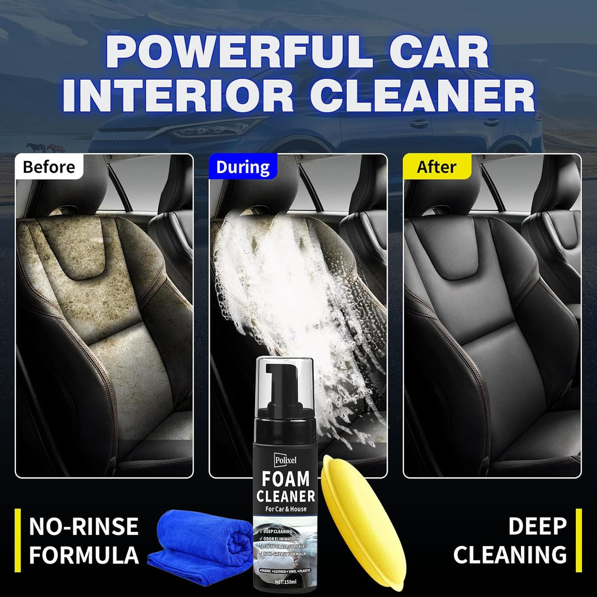Multifunctional Foam Cleaner for Car - Car Interior Cleaner & Deep Stain Remover for Home, Powerful Foam Removes Dirt and Stains from Seat, Fabric and Carpets - 5oz / 150ml