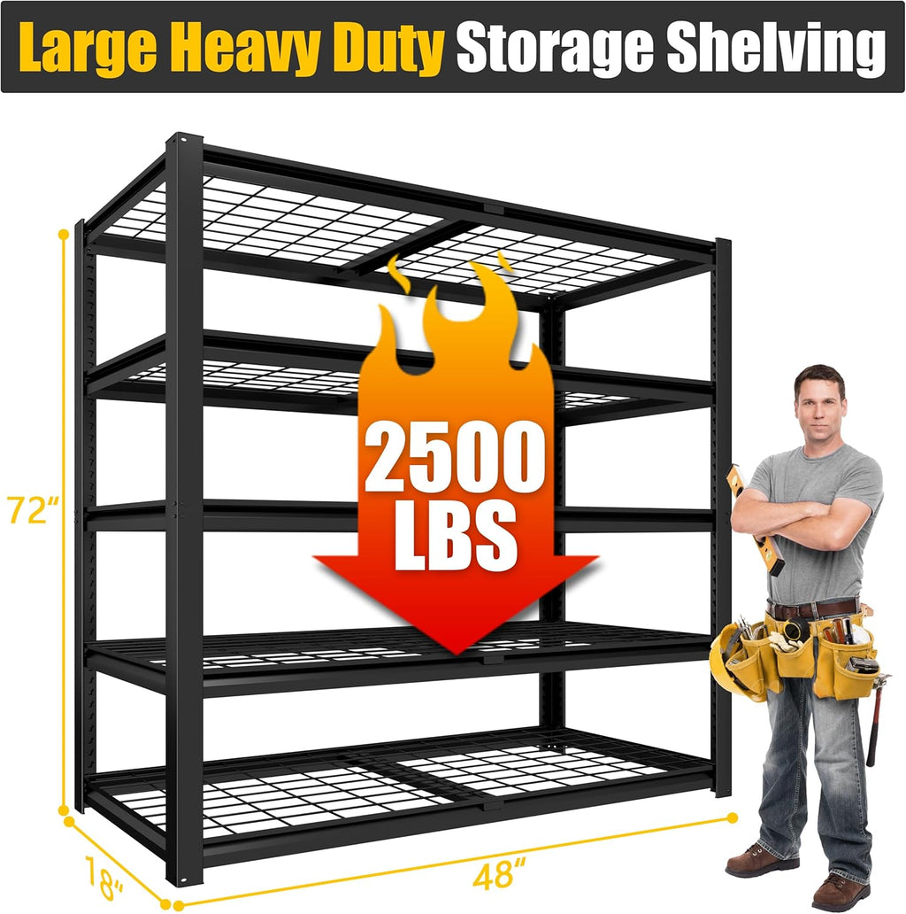 PrimeZone Heavy Duty Storage Shelves - 48" W X 18" D X 72" H Adjustable Garage Wire Shelving Unit, 5 Tier Industrial Metal Shelf Standing Utility Rack for Warehouse, Pantry, Basement, Black, 2 Pack