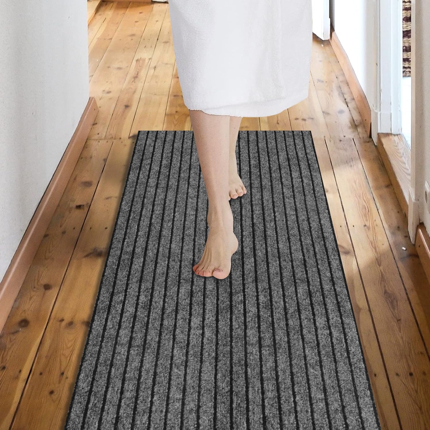 Custom Size Backed Non-Slip Area Rugs Runner, Easy Clean, Waterproof Runner Rugs for Hallway Entryway, Kitchen, Laundry, 2FT x 33FT, Gray Stripe
