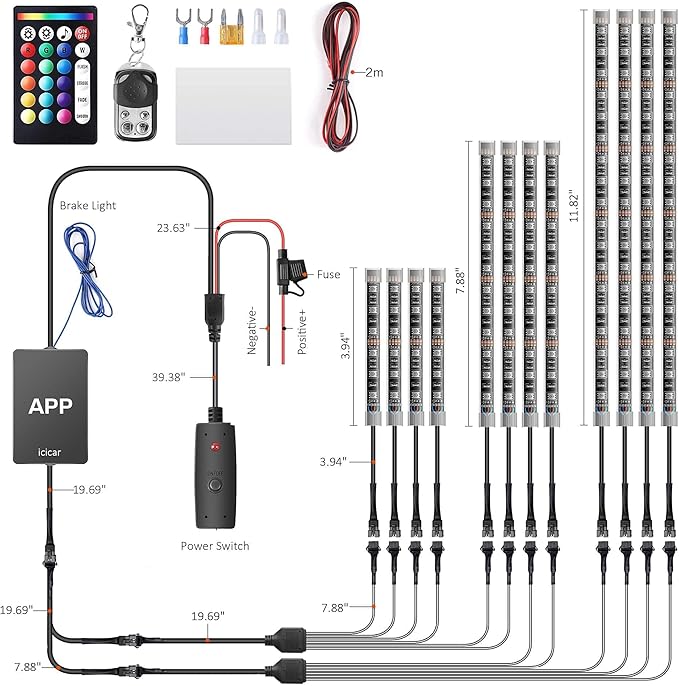 Motorcycle LED Underglow Kit, icicar 12 Pcs APP/RF Control Multicolor Motorcycle LED Light Kit with Brake Turn Signal, IP68 Waterproof & Music Sync Ambient Light for Motorcycles