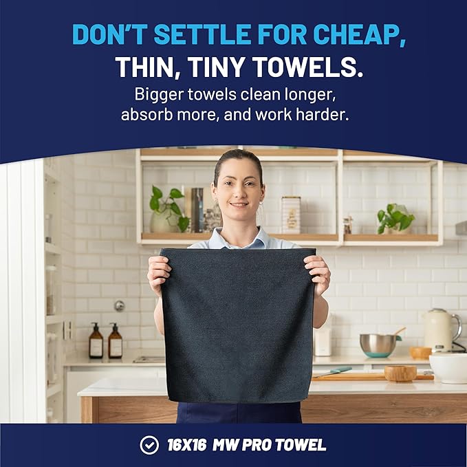 MW Pro Microfiber Cleaning Cloth | Black Gray Blue | 12 Pack | 16” x 16” | All Purpose Microfiber Towels - Clean, Dust, Polish, Scrub, Absorbent