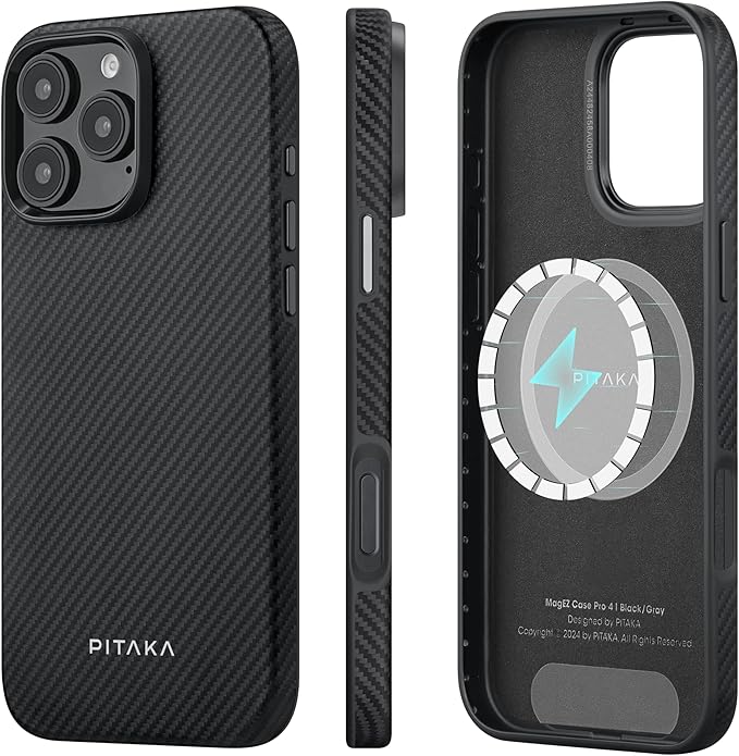 pitaka Case for iPhone 16 Pro Max, 6.9" - MagSafe Compatible, Shockproof, 600D Aramid Fiber & TPU Combined [Military Grade Protective Case - Black/Grey (Twill)]