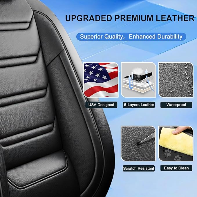 Fit Mazda 6 Car Seat Covers for Select Mazda 6 2007-2021, Premium Full Coverage Leather, Airbag Compatible, Luxury Waterproof All Weather Breathable Seat Cushion Protector, Full Set, Black