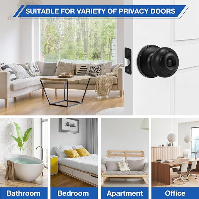 Plustool 10 Pack Matte Black Door knobs, Keyless Interior Door Locks, Round Ball Keyless Doorknobs with Lock Privacy Door Handle for Bedroom Bathroom