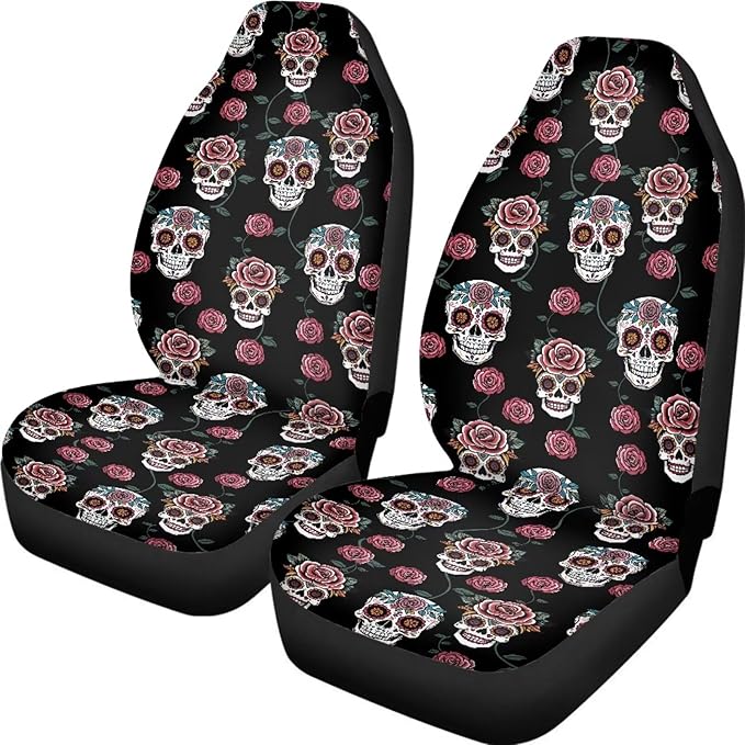 Goth Skull Rose Seat Covers for Car, Universal Stretchy Cars Front Seat Protectors Cover, Men Women Car Accessories Decoration Saddle Blanket for Bucket Seat, Set of 2