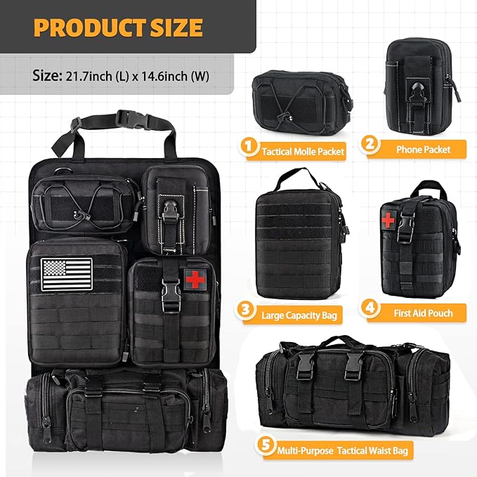 MAIKER Tactical Car Seat Back Organizer, Upgrade Tactical Vehicle Panel Organizer with 5 Detachable Molle Pouch, Universal fits for Most of Vehicle Black