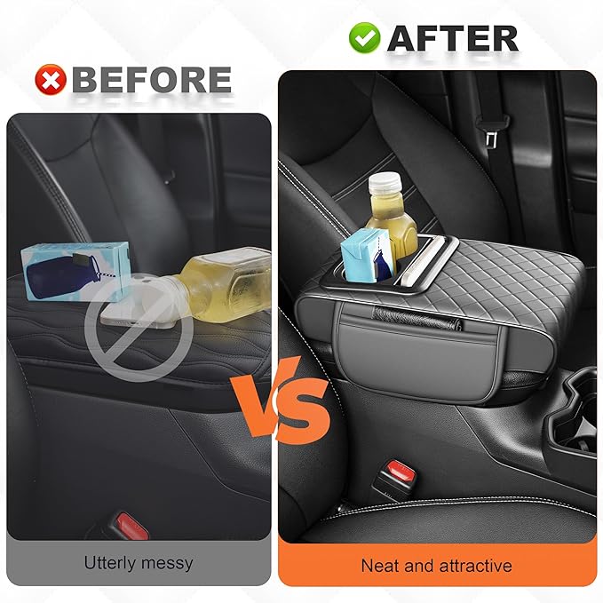 Center Console Cover Fit for Kia Sorento 2003-2025 with 2 Storage Bags Waterproof Leather Quilted Pattern Car Armrest Cover Cushion Elevating Pad Anti-Slip(Grey)