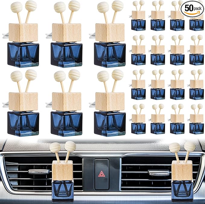 Zubebe 50 Pcs Car Diffuser Bottles Empty Bulk Vent Clip Car Air Freshener Diffuser for Essential Oil Perfume Glass Bottle with Wooden Caps Stick Fragrance Ornament (Gradient Black)