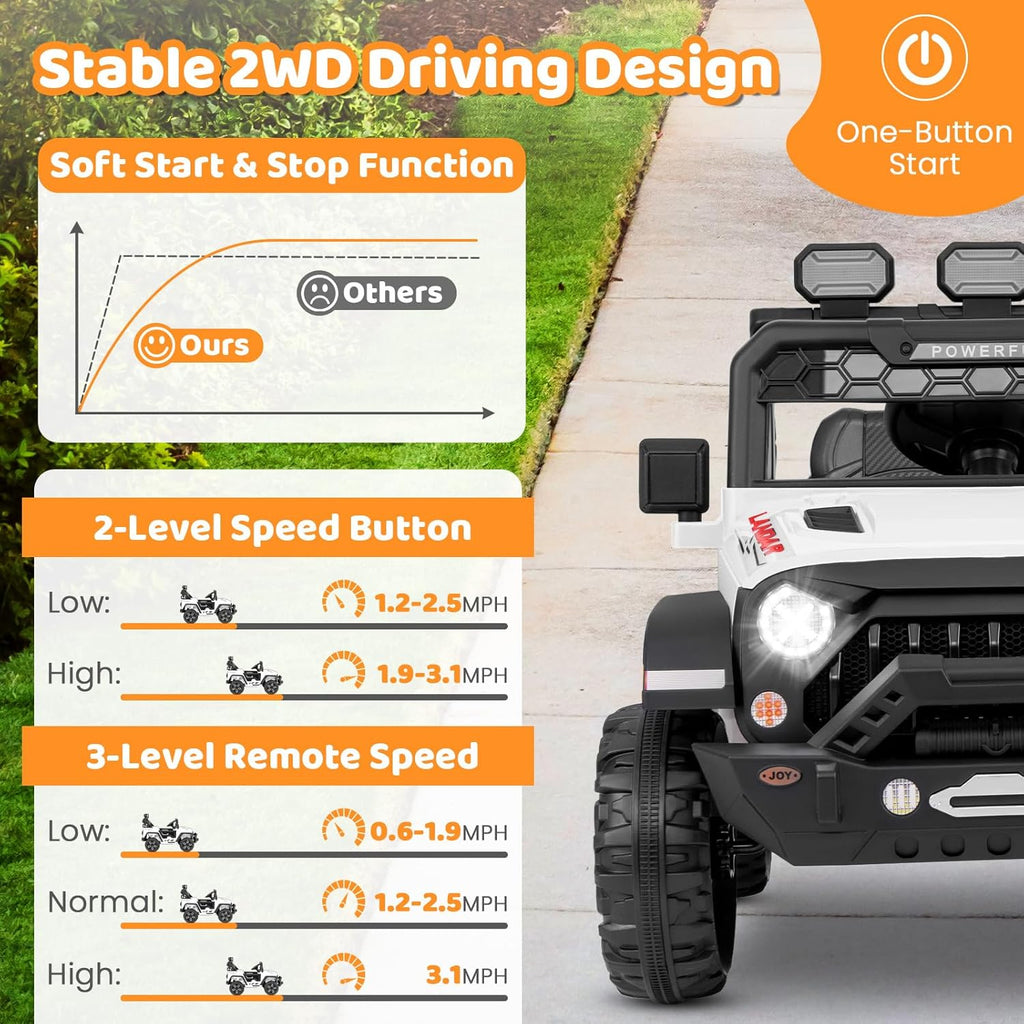 Costzon Kids Ride on Truck, 12V Electric Ride on Car with Remote Control, 3 Speed & Spring Suspension, Wireless Connection, USB, Music, Light, Kids Ride on Toys for Boys Girls (White)