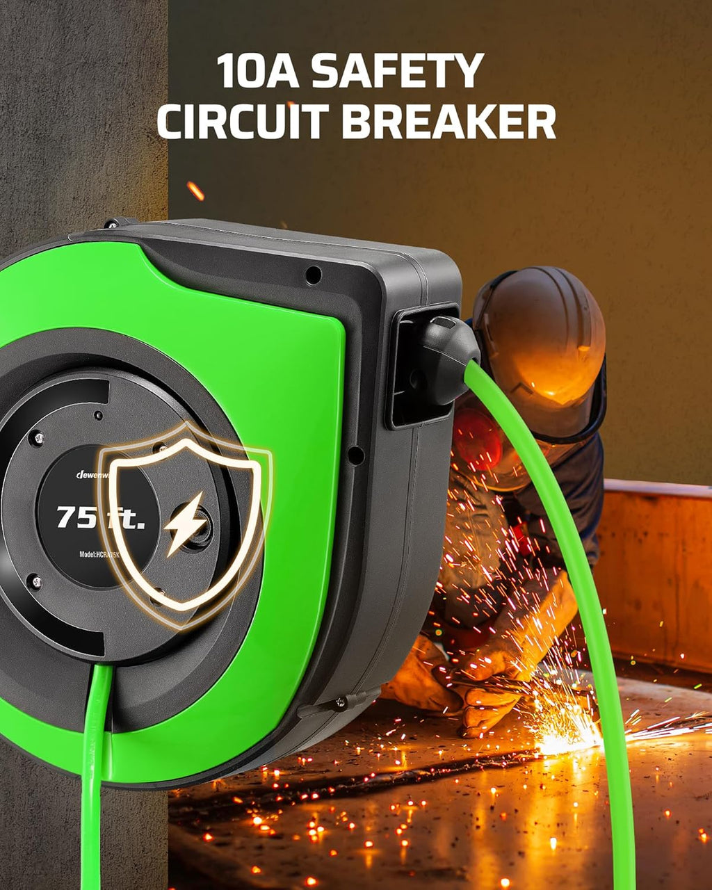 DEWENWILS Retractable Extension Cord Reel, 75 FT Heavy Duty Power Cord, 14/3C SJTOW Retractable Cord Reel, Lighted Triple Outlets, 10A Circuit Breaker, Wall/Ceiling Mount, UL Listed, Green