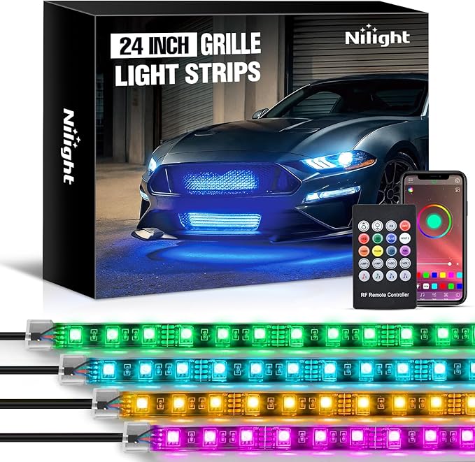 Nilight 4Pcs 24inch LED Grille Lights 144 LEDs RGB Multi Color Exterior Lighting Kit DIY Sound Active Function Music Mode with APP Control and Remote for Cars Van SUV Truck
