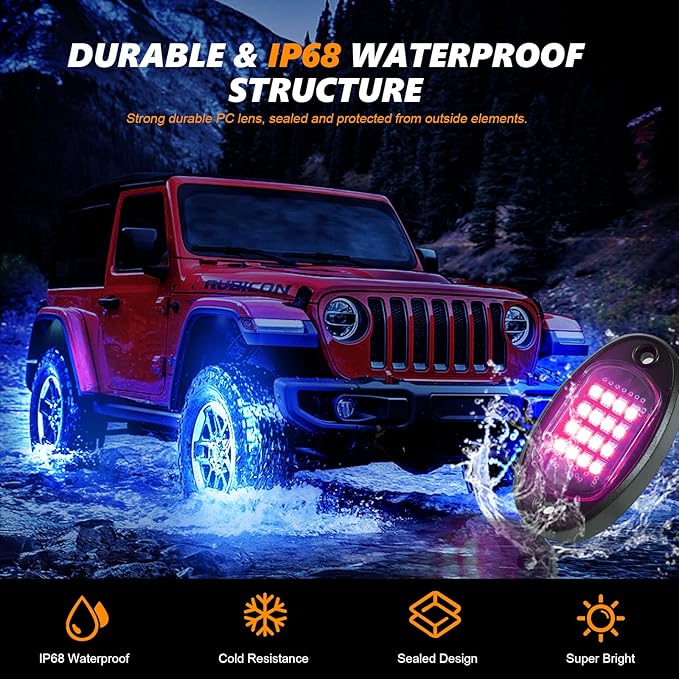8 Pods RGB LED Rock Lights for Jeeps Trucks Golf Cart ATV UTV RZR SUV Offroad Pickup Car, Waterproof Multicolor Underglow Kit with APP Music Mode Underbody Neon Light Vehicle Underneath Accent 12V