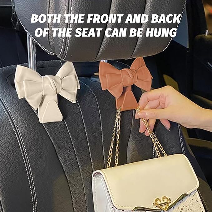 2 PCS Car Seat Headrest Hooks, Cute Bow Shaped Vehicle Backseat Storage Hooks, Leather Bow Shaped Sturdy Car Seat Back Hooks for Purses/Coats, Car Accessories (Pink)