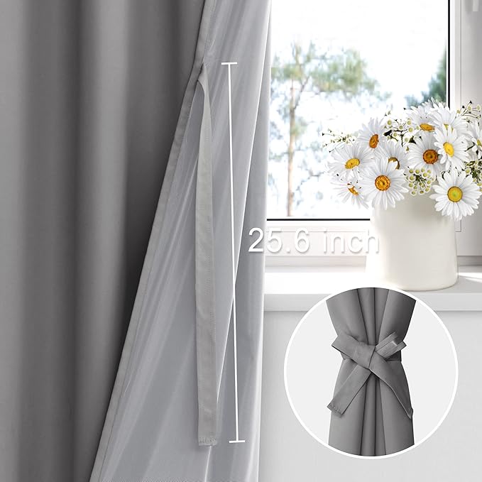 XWZO 100% Blackout Curtains 84 Inches Long with Tiebacks- Privacy Protection & Noise Blocking Window Draperies Grommet Top with Black Liner for Bedroom/Living Room, Grey, W42 x L84, Set of 2