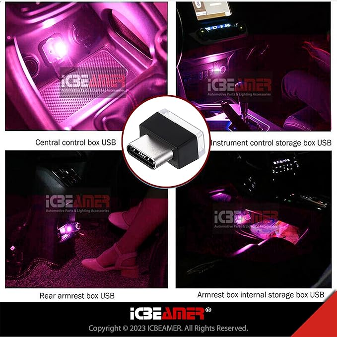 ICBEAMER Type C Adapters Atmosphere Light 2-Pack (Purple) | Universal Plug-in Miniature LED Night Light for Car Interior and Trunk Ambient Lighting Solution