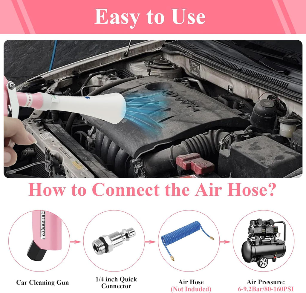 Tornado Dry Cleaning Gun Detailing Interior Dryer Air Blow Gun High Pressure Blower Gun for Women Car Detailing Kit Interior Cleaner Works with Air Compressor and Quickly Removes Surface Dirt Pink