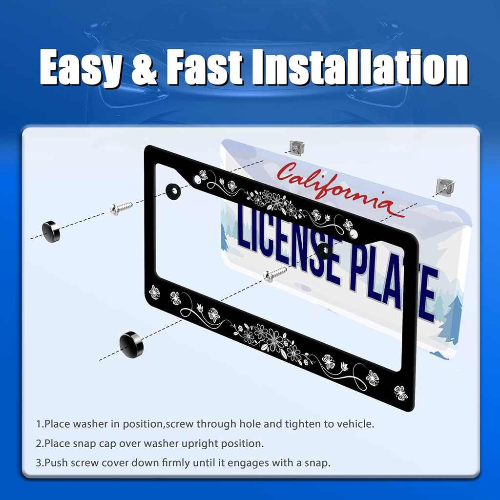 Black White Daisy Butterfly License Plate Frame Flowers License Plate Stainless Steel Funny License Plate Holder Floral Car Accessories With Screws Car Decoration 12.3"x6.3"Fits Standard Vehicles Size
